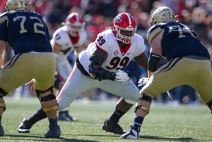 Nov 27, 2021; Atlanta, Georgia, USA; Georgia Bulldogs defensive lineman Jordan Davis (99) in action against the Georgia Tech Yellow Jackets in the second quarter at Bobby Dodd Stadium. Mandatory Credit: Brett Davis-USA TODAY Sports